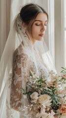 Wall Mural - A woman wearing a white lace veil and holding a bouquet of flowers