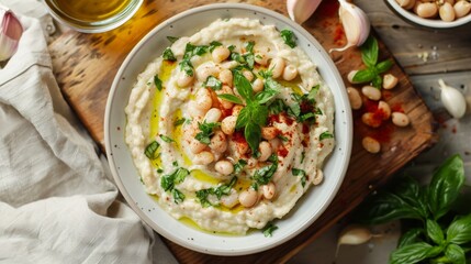 Wall Mural - Hearty White Bean Stew with Herbs in Rustic Bowl