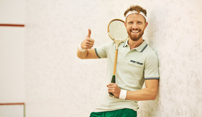 Poster - Happy man, portrait and squash with thumbs up for good game, match or indoor competition in court. Young male person, athlete or sport player with smile, like emoji or yes sign for friendly challenge