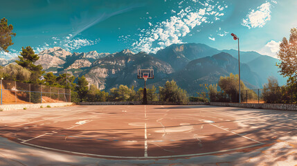 Wall Mural - A basketball court with a red hoop and a blue court