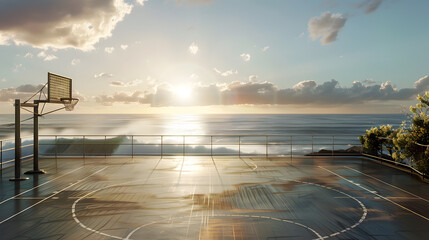 Wall Mural - A basketball court with a view of the ocean