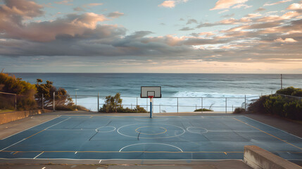 Wall Mural - A basketball court with a view of the ocean