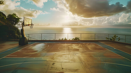 Wall Mural - A basketball court with a view of the ocean