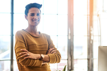 Wall Mural - Woman, portrait and arms crossed professional in office, copywriter confidence and happy for internship. Female person, employee pride and workplace for career growth, entrepreneur and startup agency