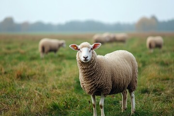 Wall Mural - Sheep on pasture background, ai