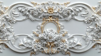 Sticker - Elegant White and Gold Plaster Relief Ornamentation