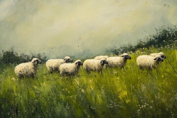 Wall Mural - Sheep on pasture background, ai