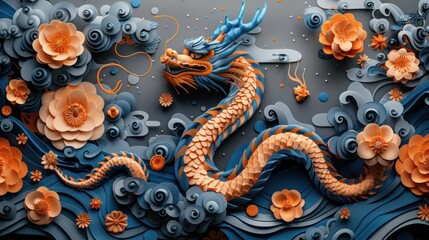 Dragon and Flowers in Blue