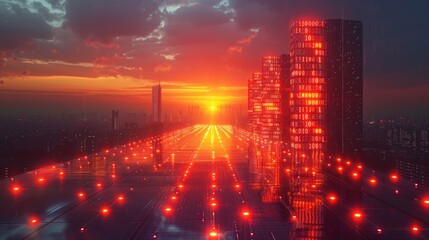 Sticker - Digital Cityscape: A Futuristic Sunset