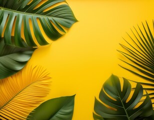 Wall Mural - Vibrant tropical leaves in varying shades of green and yellow artistically arranged on a bright yellow background