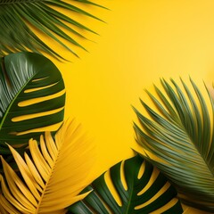 Wall Mural - Tropical palm leaves in various shades of green and yellow arranged artistically on a bright yellow background