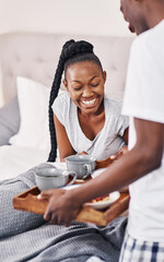 Poster - Happy, black couple and serve breakfast in bed in home for morning, nutrition or diet. Man, woman and tray in bedroom with healthy food or coffee for love, romance and celebrate anniversary together