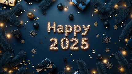 happy new year 2025 background. banner of sparkling lights garland, with realistic gifts box, black 