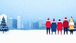 © Panuma - A winter scene featuring people in colorful coats, enjoying a snowy day in the city with snow-covered trees and buildings.