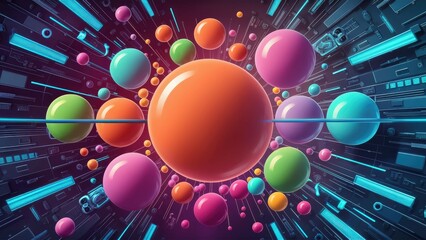 Vibrant backdrop featuring an array of colorful spheres in various sizes seamlessly blended with sleek futuristic technology elements