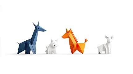 Three colorful origami animals isolated on white background.