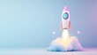 © K-MookPan - White rocket ship taking off against a blue background.