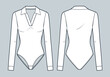 © Liubov Hladka - Polo Collar Bodysuit technical fashion illustration. V Neck Bodysuit fashion flat technical drawing template, cuff long sleeve, slim fit, front and back view, white, women, men, unisex Top CAD mockup.