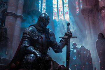 Knight in full plate armor kneeling in church. Generative AI