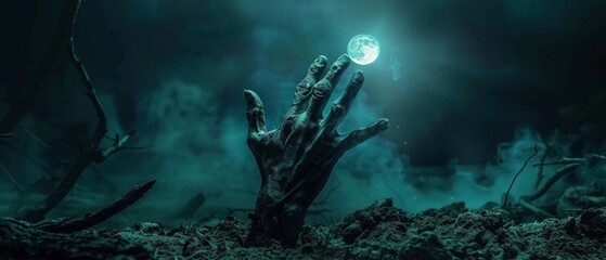 A creepy zombie hand reaching out from the ground at night. Halloween background