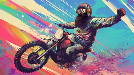 Wall Mural - Man riding motocross bike in abstract colorful background.