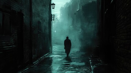 Wall Mural - Mysterious shadowy figure in a foggy alley