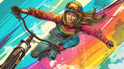 Wall Mural - Woman Mountain Biking on Rainbow Background.