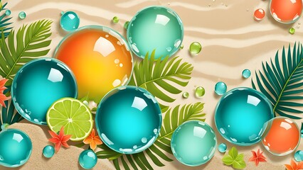 n exotic design with bubbles in vibrant tropical colors—turquoise, coral, and lime green—floating against a warm, sandy background with hints of tropical foliage.