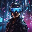 © Vladimir Steblev - Illustration of a cyberpunk hacker in a virtual reality setting, surrounded by holographic code, futuristic UI, and virtual landscapes, Surreal Cyberpunk Art Style, Influenced by Deviantart and Ghost