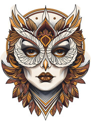 Wall Mural - Beautiful womans face wearing owl costume traditional tattoo illustration