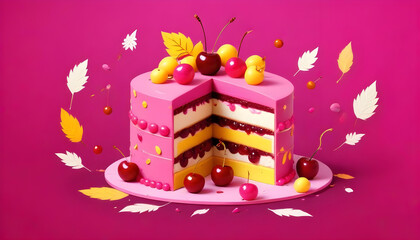 Wall Mural - pink and yellow layered cake with cherries 2