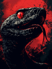 Wall Mural - A snake with red eyes and a black body. The snake is surrounded by red paint, giving it a menacing and dangerous appearance