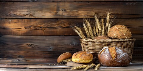 Freshly baked bread and grains on a rustic wooden surface.