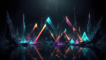 Wall Mural - Colorful abstract triangular shapes with glowing neon lights, creating a futuristic and vibrant background