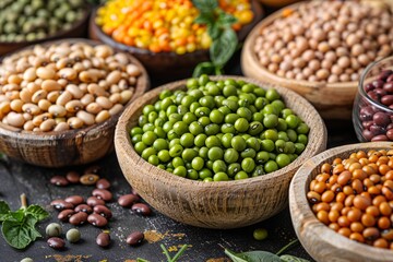 A mix of legumes including green beans, soybeans, and dried beans and peas.