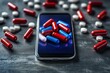 © Leo - Smartphone amidst red and white capsules on a textured surface representing the blending of technology and medicine captured in high contrast dramatic lighting