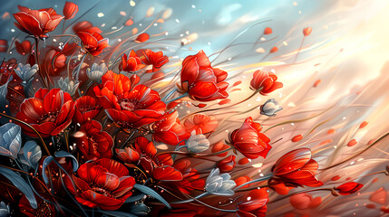 Wall Mural - A painting of a field of red flowers with a blue sky in the background. The flowers are in full bloom and the sky is clear and bright. The painting conveys a sense of peace and tranquility