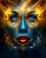 Wall Mural - A woman's face is painted with gold and blue colors, with a red lip. The image has a dreamy, surreal quality to it, with the woman's face appearing to be made of smoke and fire