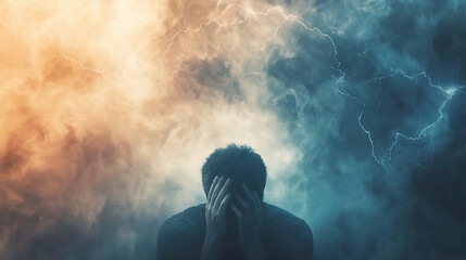 Wall Mural - A person surrounded by chaotic, swirling clouds of dark smoke and lightning, clutching their head in frustration, conveying the overwhelming feeling of stress.