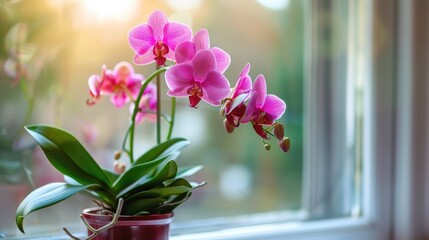 Canvas Print - Pink Orchid in a Pot by the Window