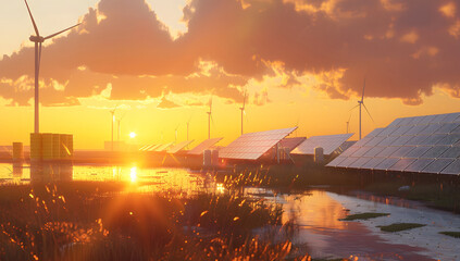 Wall Mural - modern battery energy storage system with wind turbines and solar panel power plants in the background at sunset design