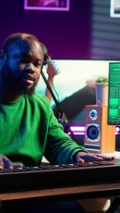 Aufkleber - Vertical Video Piano teacher hosting online lesson for all beginners people on social media, sharing insights and techniques in playing electronic keyboard notes. Educational tutorial with synthesizer