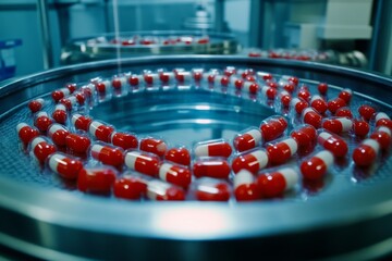 Sticker - Circular conveyor belt filled with red capsules in a high tech pharmaceutical factory symbolizing automation and precision in modern medicine captured in a detailed clinical environment