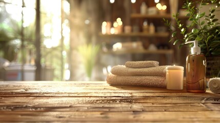 Poster - Wooden table with spa products on blurry background