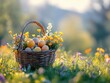 © Lamina - basket of Easter eggs resting in a field of fresh green grass and spring flowers.