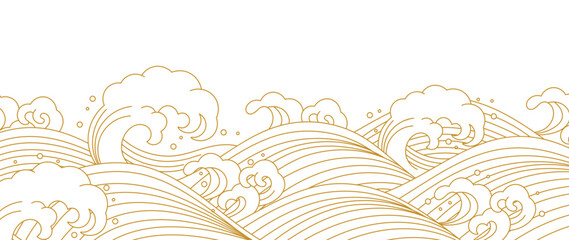 Wall Mural - japanese gold wave background vector. wallpaper design with gold and white ocean wave pattern backdr