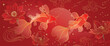© TWINS DESIGN STUDIO - Luxury Chinese background vector. Chinese and Japanese wallpaper pattern design of elegant goldfish, lotus flower on red background. Design illustration for decoration, wall, banner, website, ads.