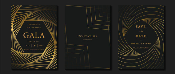 Sticker - Luxury invitation card background vector. Golden elegant wavy gold line pattern on black background. Premium design illustration for wedding, vip cover template, grand opening, flyer.