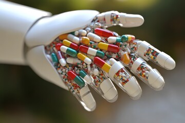 Sticker - Robotic hand embedded with various colorful pills symbolizing the precision and control in modern pharmaceuticals captured in a bright detailed environment