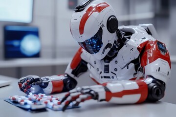 Poster - Humanoid robot in a high tech lab analyzing capsules symbolizing the intersection of AI and medicine in modern healthcare captured in a bright detailed environment